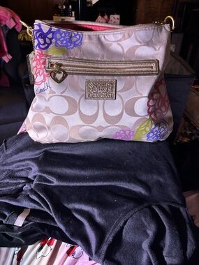 Coach Beige Signature Crossbody with Multicolor Floral Accents excellent